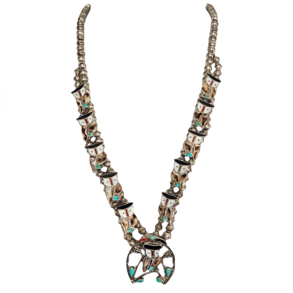 Sterling Silver Zuni Inlay Owl Squash Blossom Necklace Signed PITKIN PW NATEWA - Picture 4 of 12
